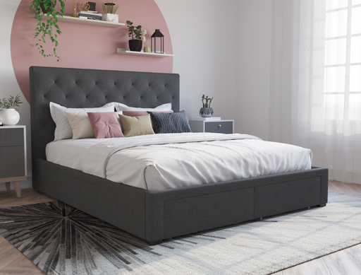 top view of a queen bed frame with mattress and pillows in a bedroom from Isaak