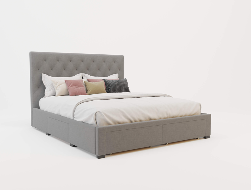 top view of a double bed frame with mattress and pillows in a white background from Isaak