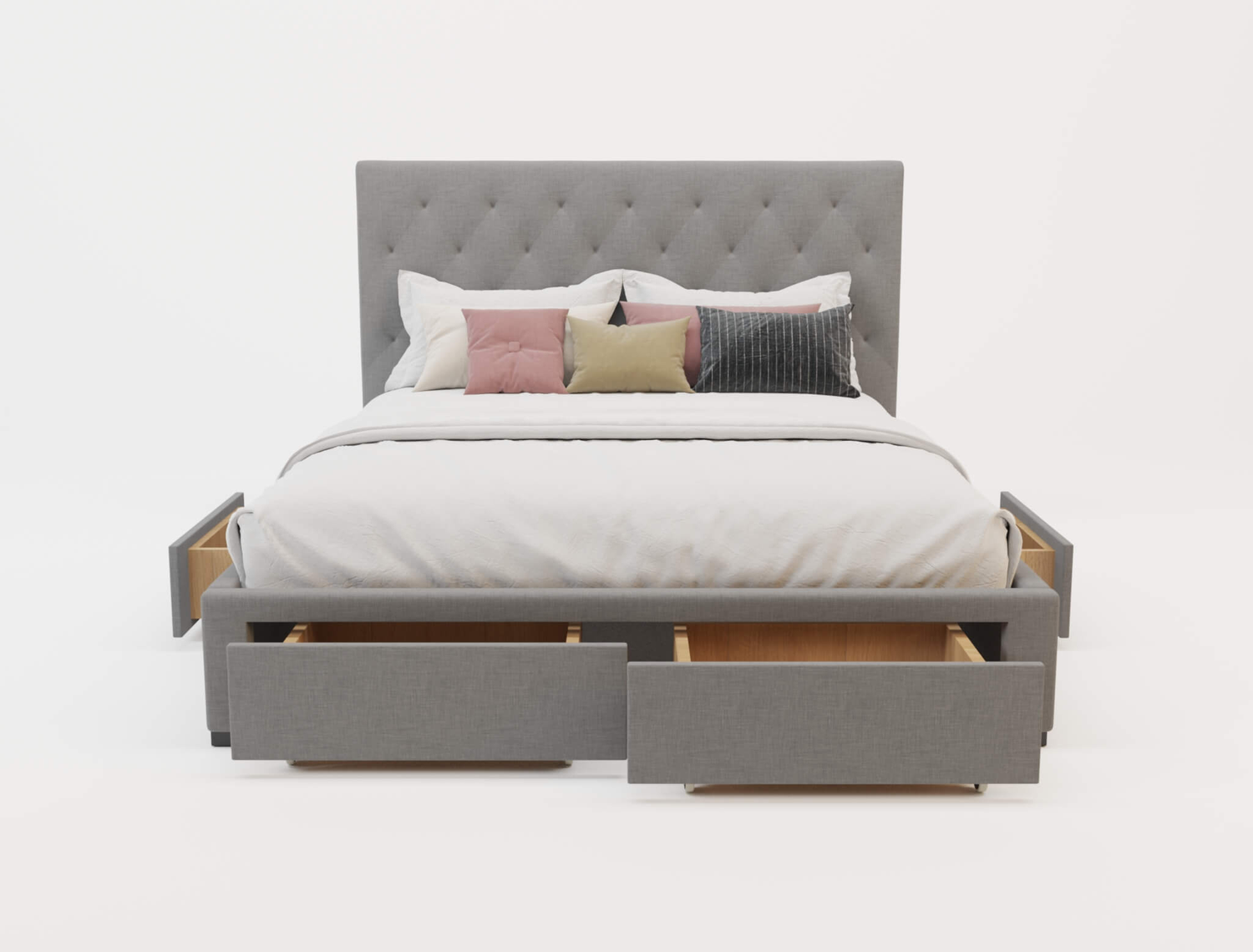 front view of a double bed frame with mattress and pillows in a white background from Isaak