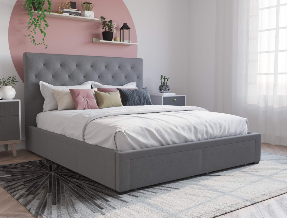 top view of a king bed frame with mattress and pillows in a bedroom from Isaak