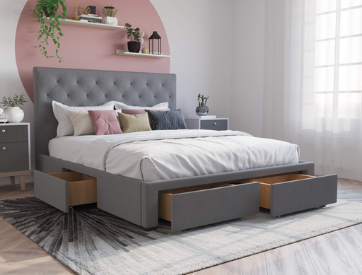 top view of a queen bed frame with mattress and pillows in a bedroom from Isaak 2