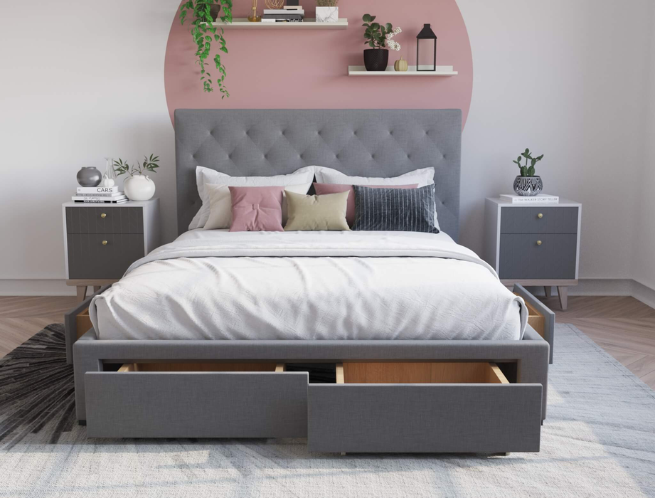 front view of a queen bed frame with mattress and pillows in a bedroom from Isaak