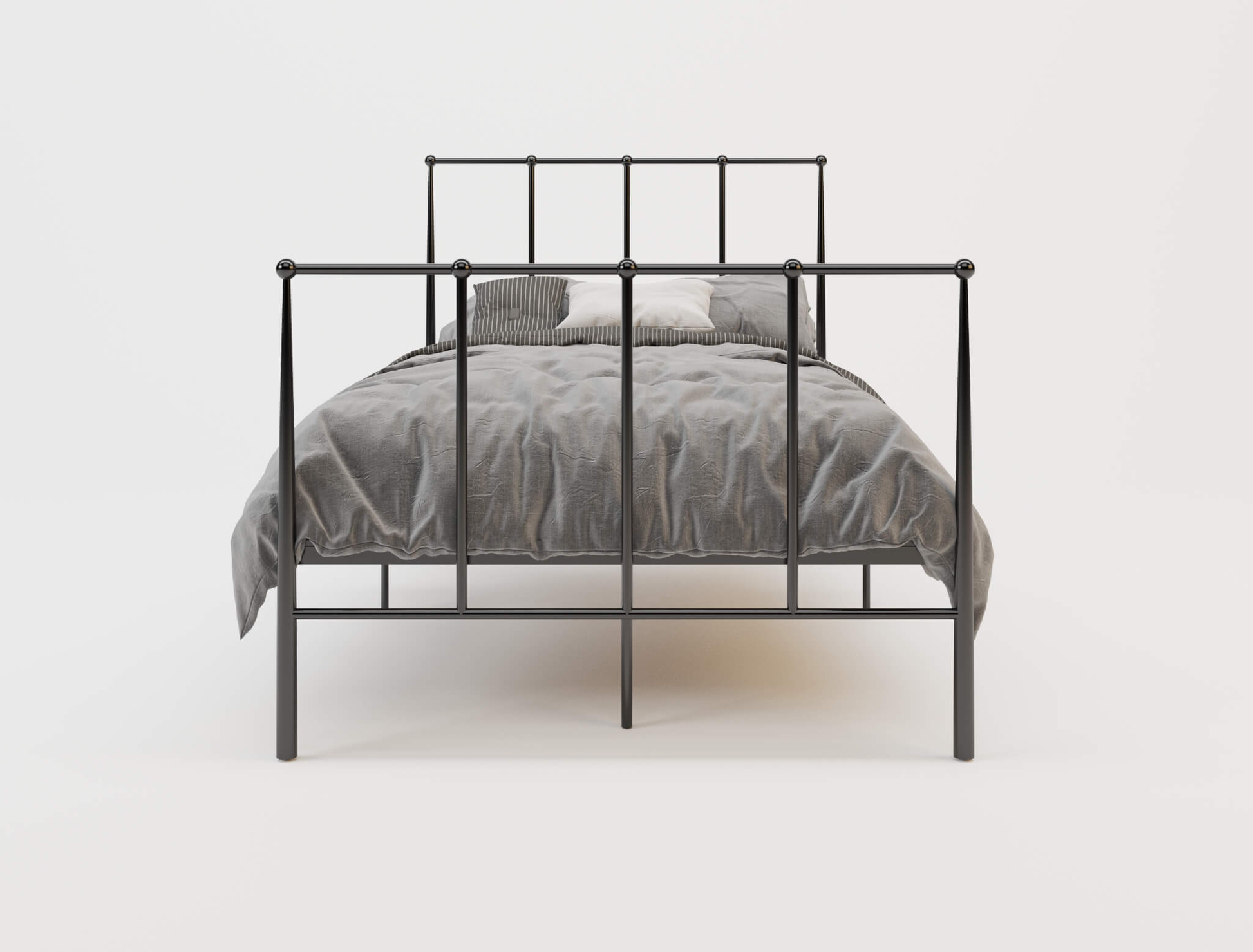 front view of a king single bed frame with mattress and pillows in a white background from Isaak