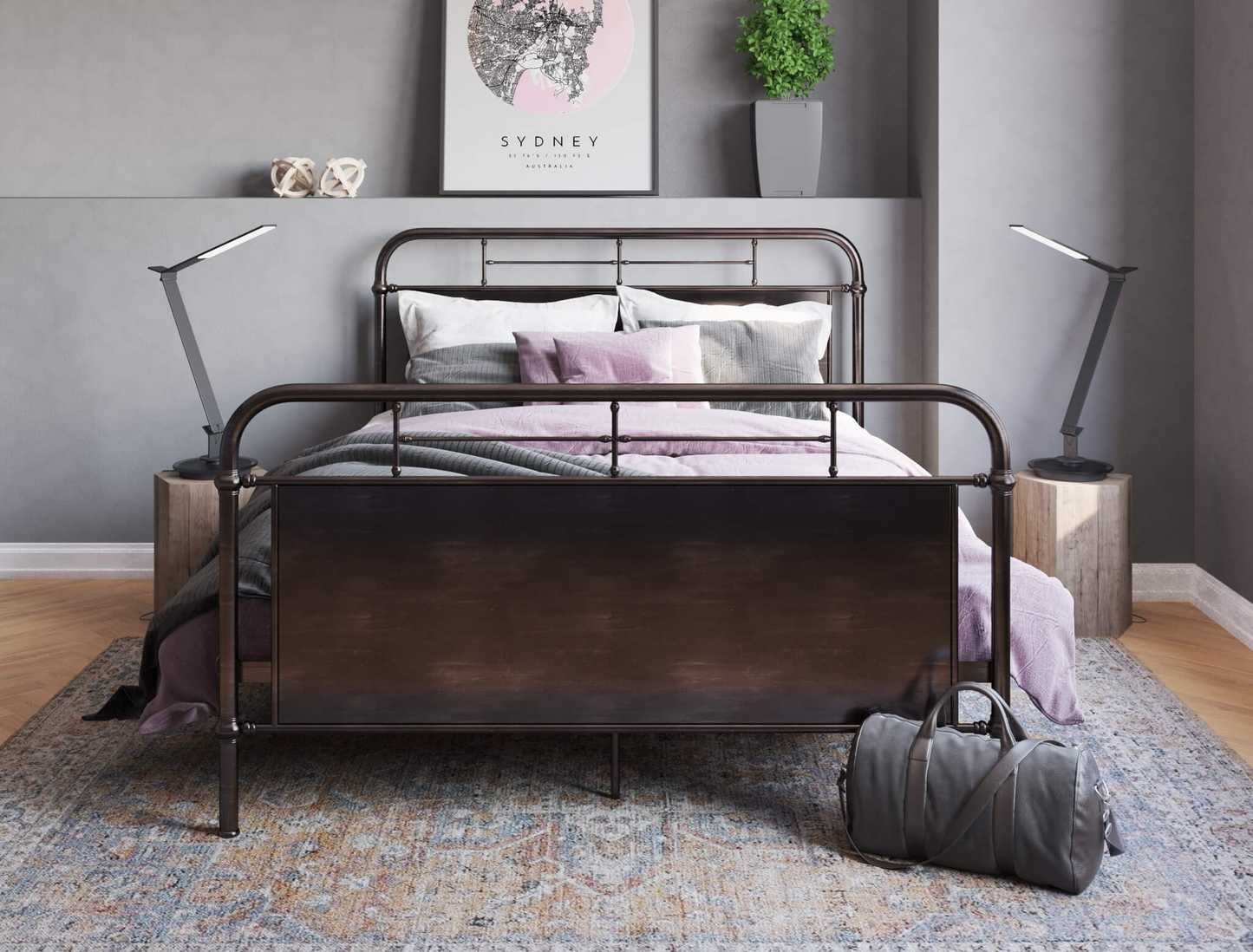 front view of a king bed frame with mattress and pillows in a bedroom from Isaak