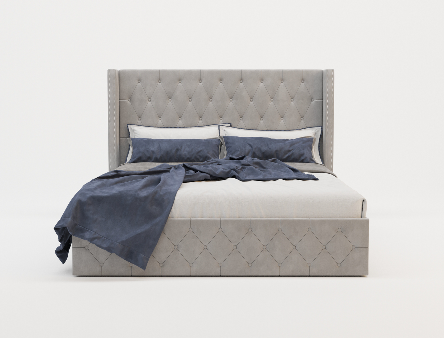 front view of a double bed frame with mattress and pillows in a white background from Isaak