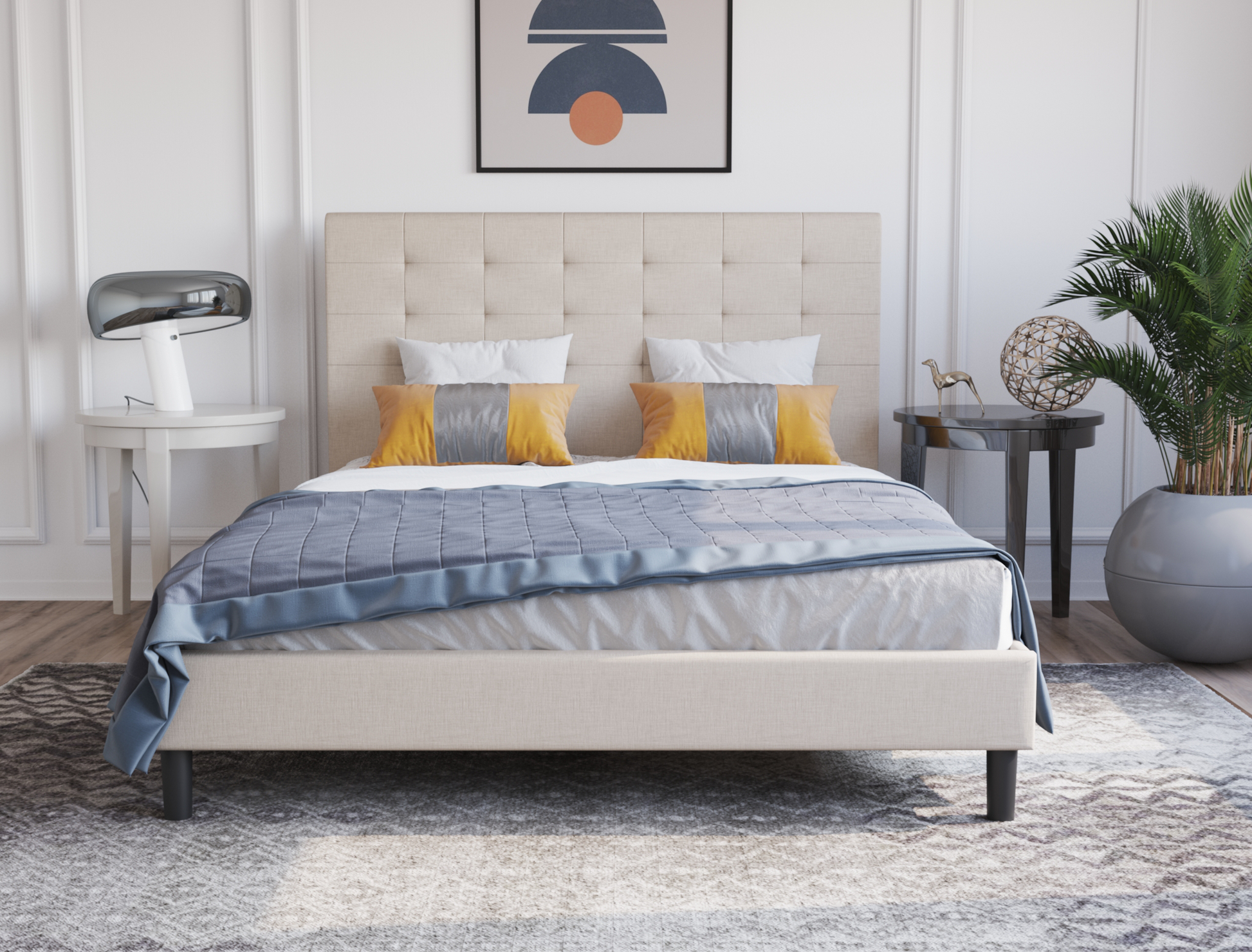 front view of a double bed frame with mattress and pillows in a bedroom from Isaak