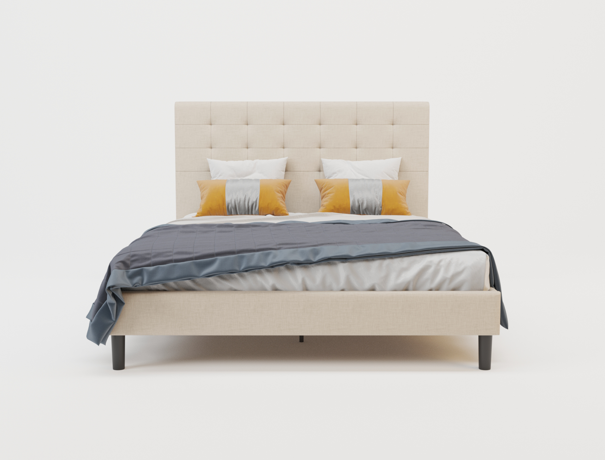 front view of a double bed frame with mattress and pillows in a white background from Isaak