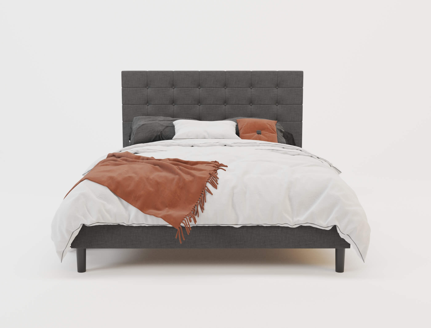 front view of a double bed frame with mattress and pillows in a white background from Isaak