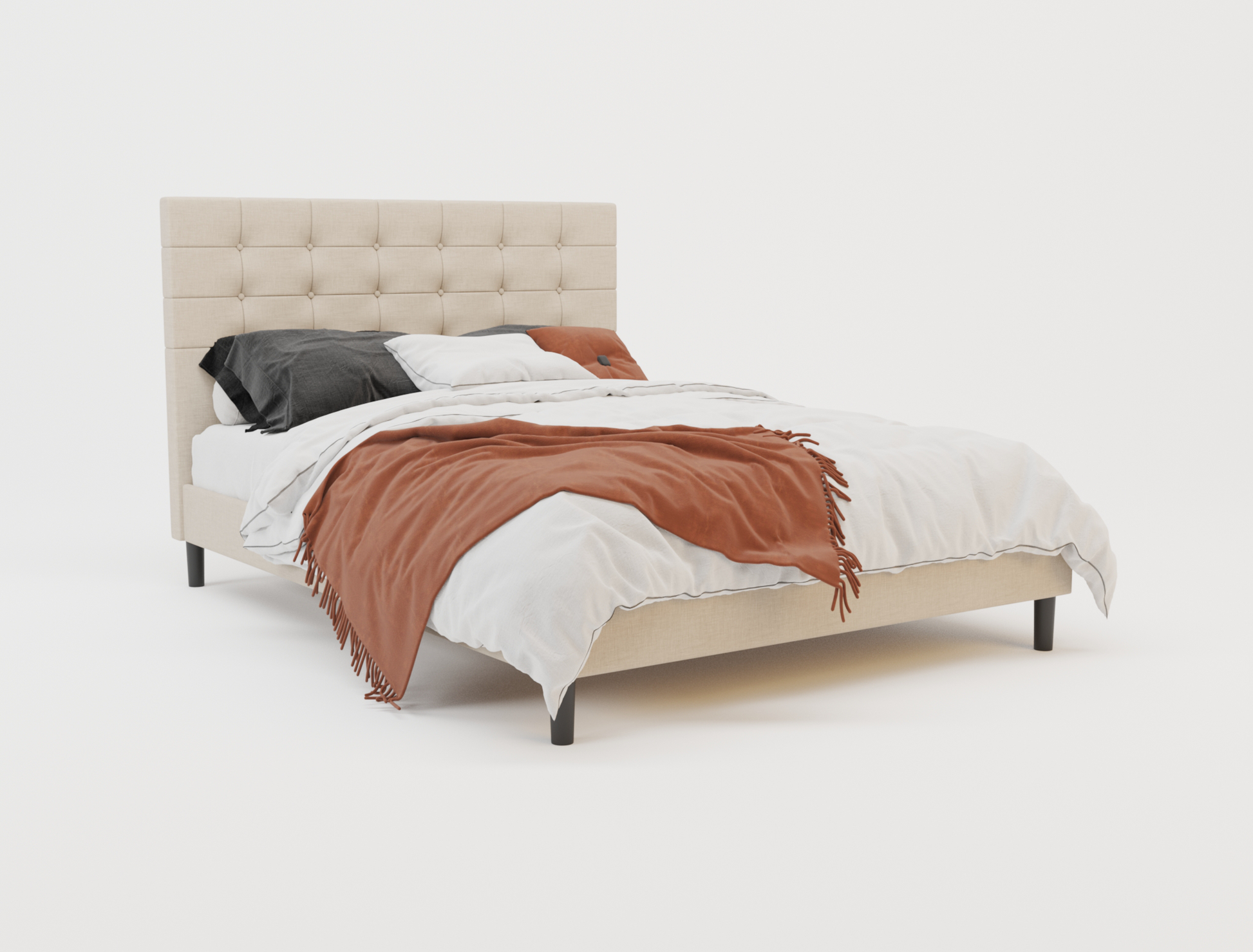 top view of a double bed frame with mattress and pillows in a white background from Isaak