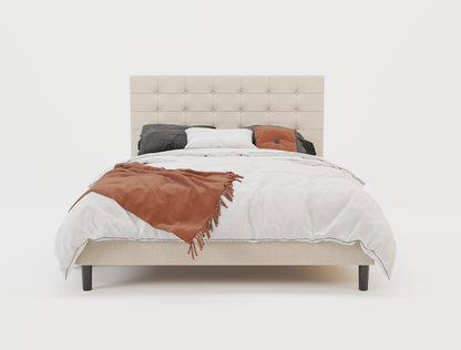 front view of a double bed frame with mattress and pillows in a white background from Isaak