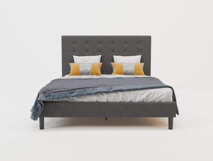 front view of a double bed frame with mattress and pillows in a white background from Isaak