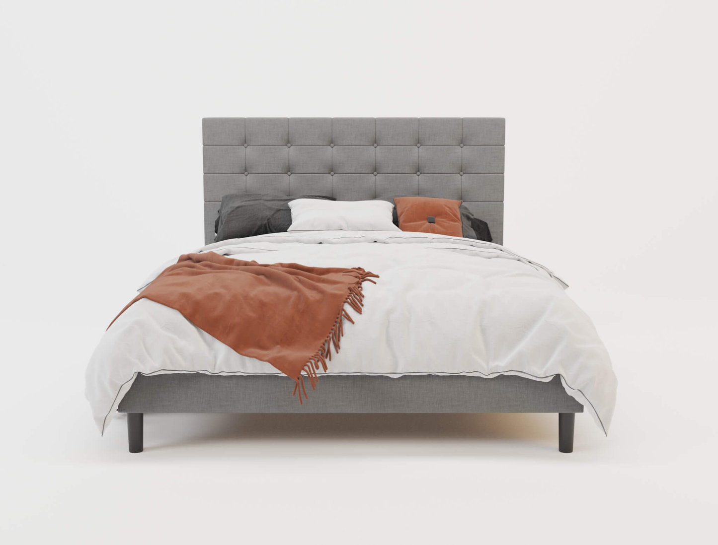 front view of a double bed frame with mattress and pillows in a white background from Isaak