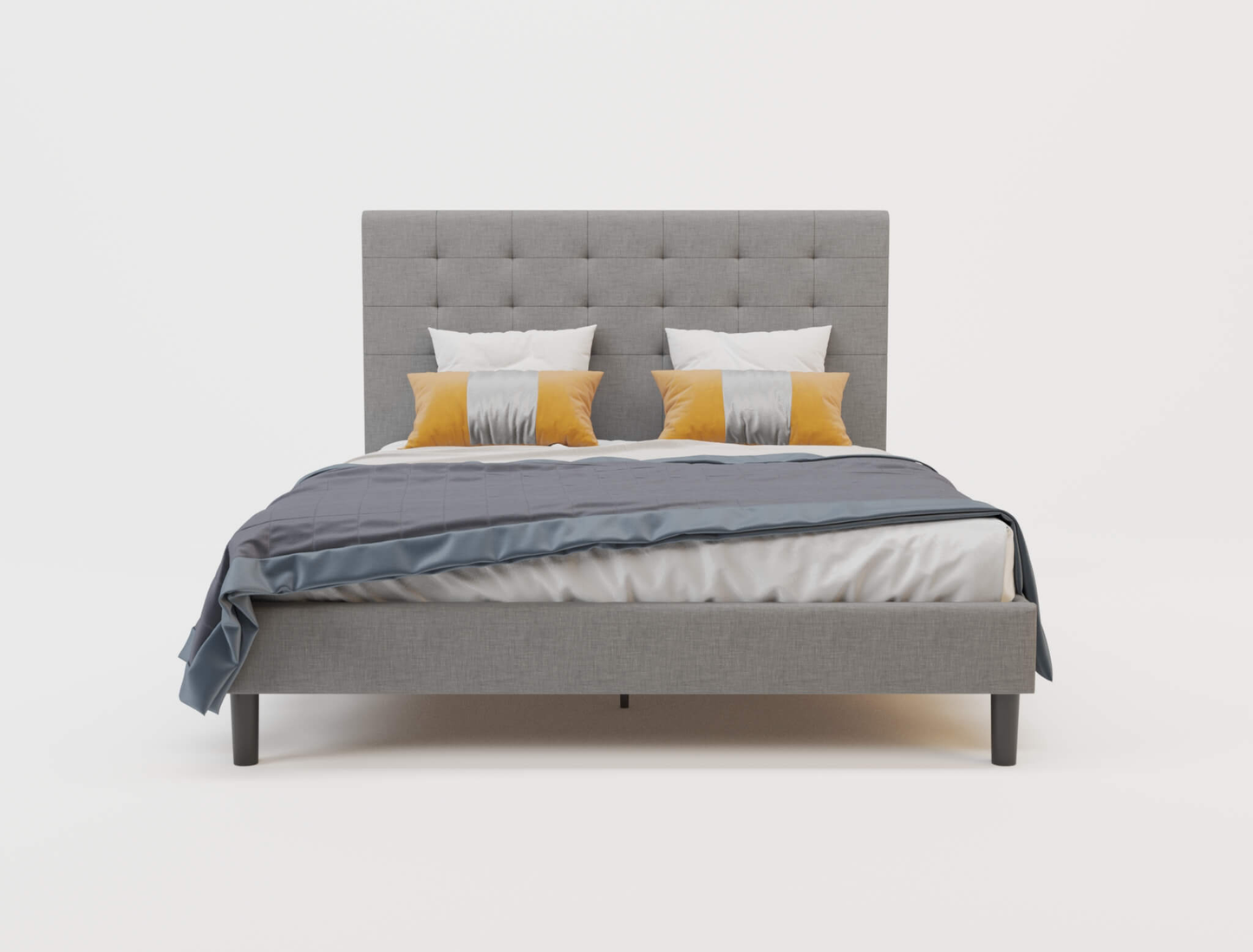 front view of a double bed frame with mattress and pillows in a white background from Isaak