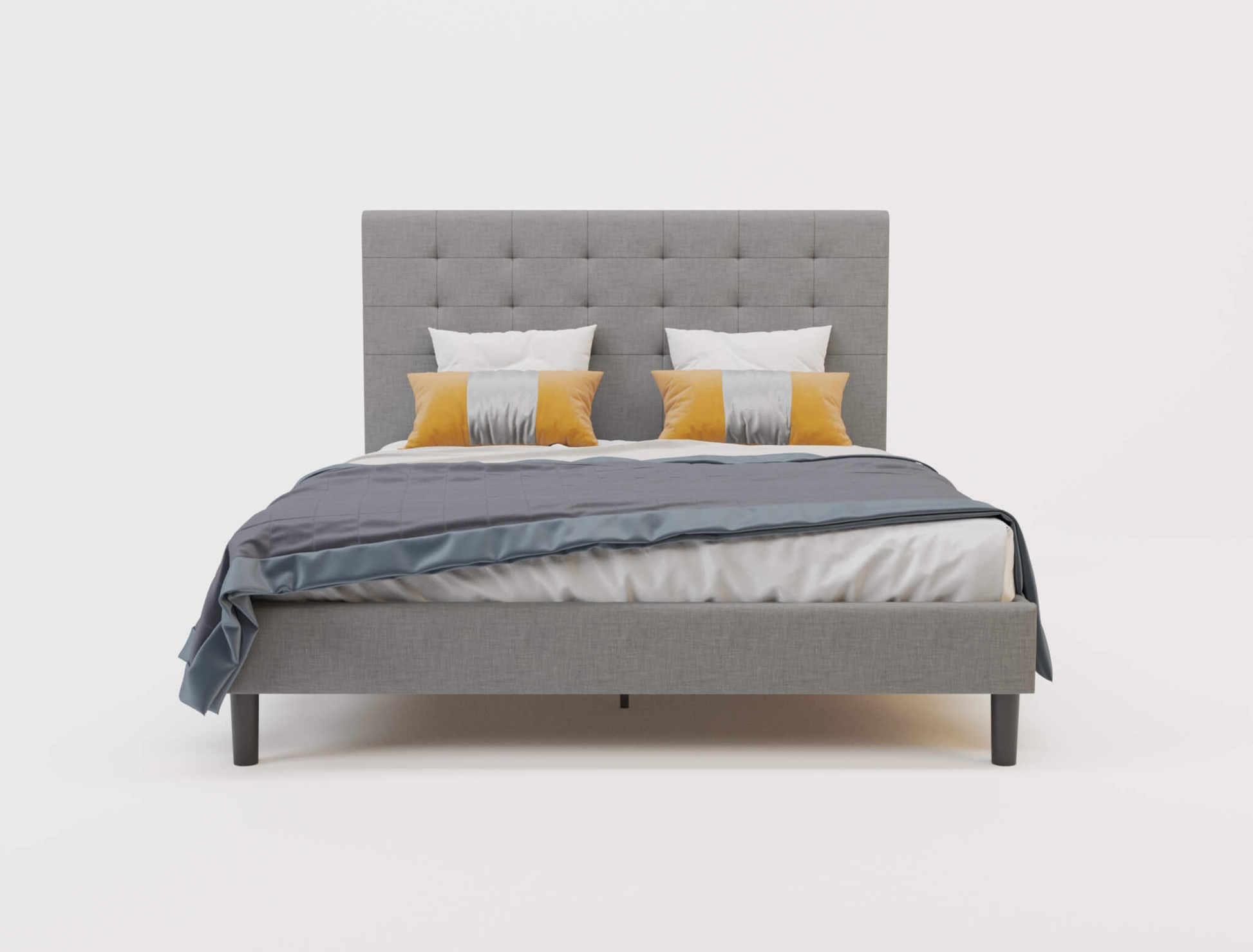 front view of a king bed frame with mattress and pillows in a white background from Isaak