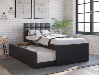 Landa Black Faux Leather Trundle King Single Bed Frame