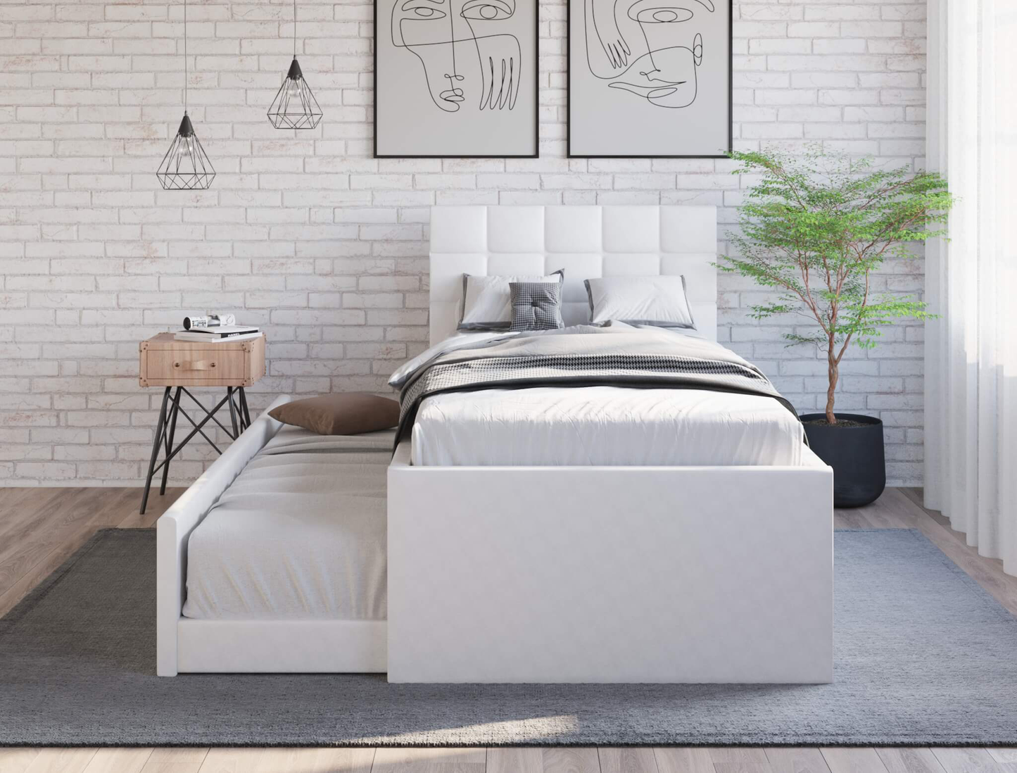 front view of a king single bed frame with mattress and pillows in a bedroom from Isaak