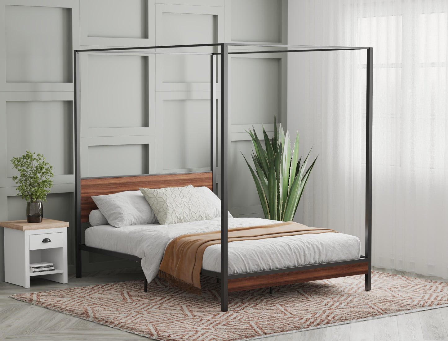 Hero Canopy Wooden Metal Walnut Bed Frame