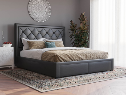 top view of a double bed frame with mattress and pillows in a bedroom from Isaak