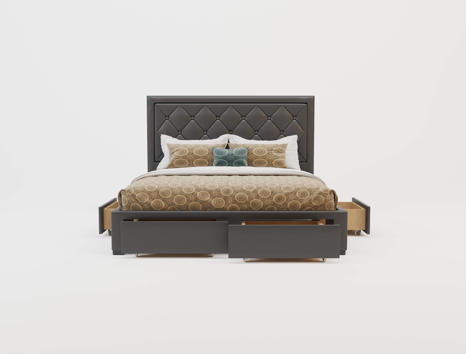 front view of a double bed frame with mattress and pillows in a white background from Isaak