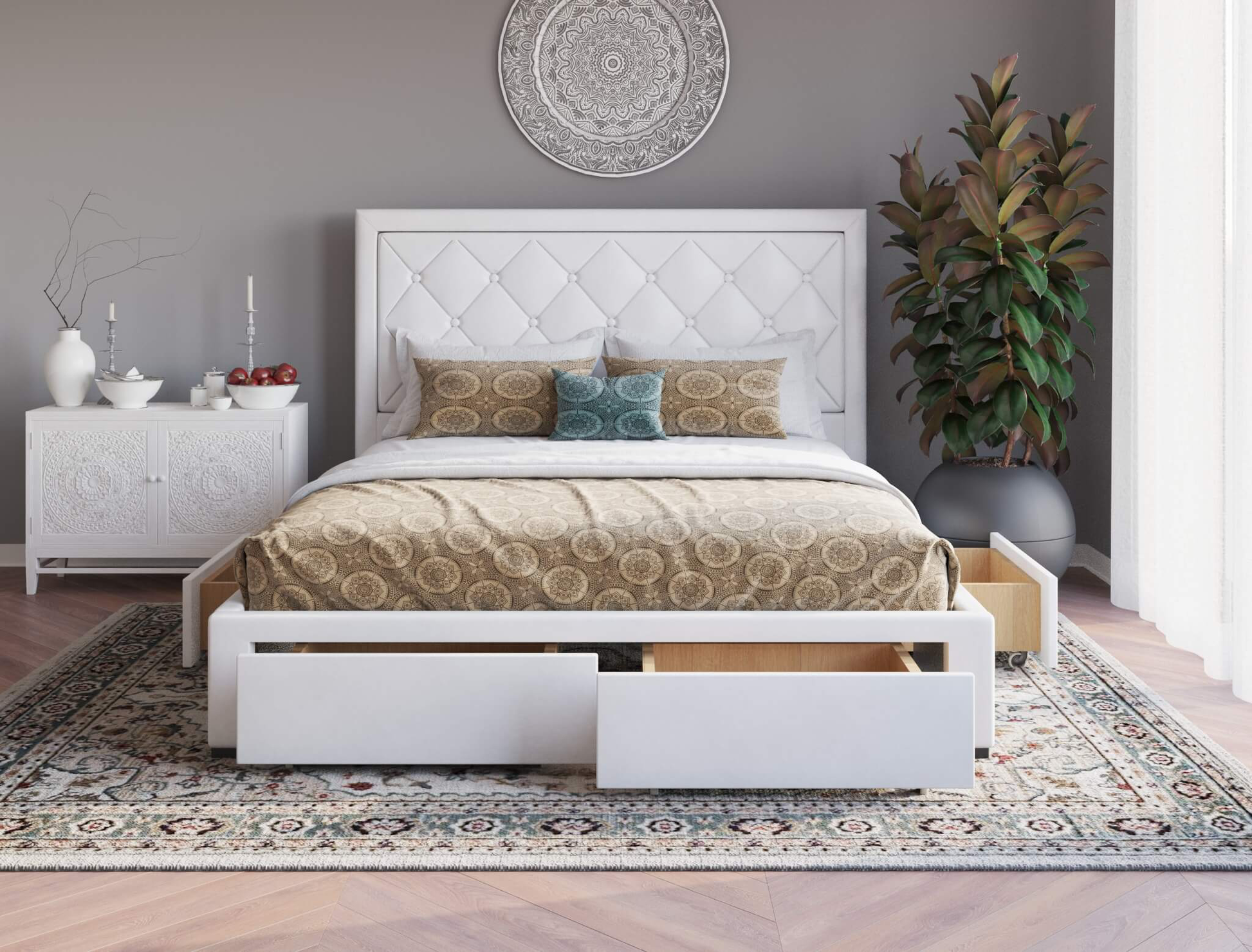 front view of a double bed frame with mattress and pillows in a bedroom from Isaak