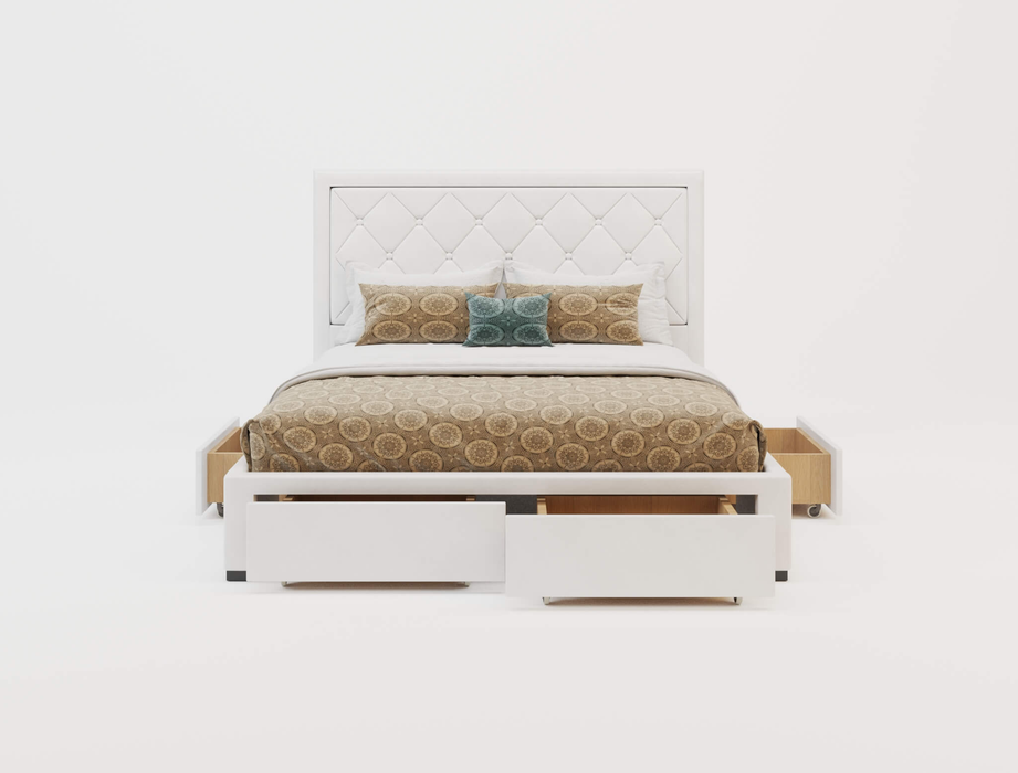 front view of a double bed frame with mattress and pillows in a white background from Isaak