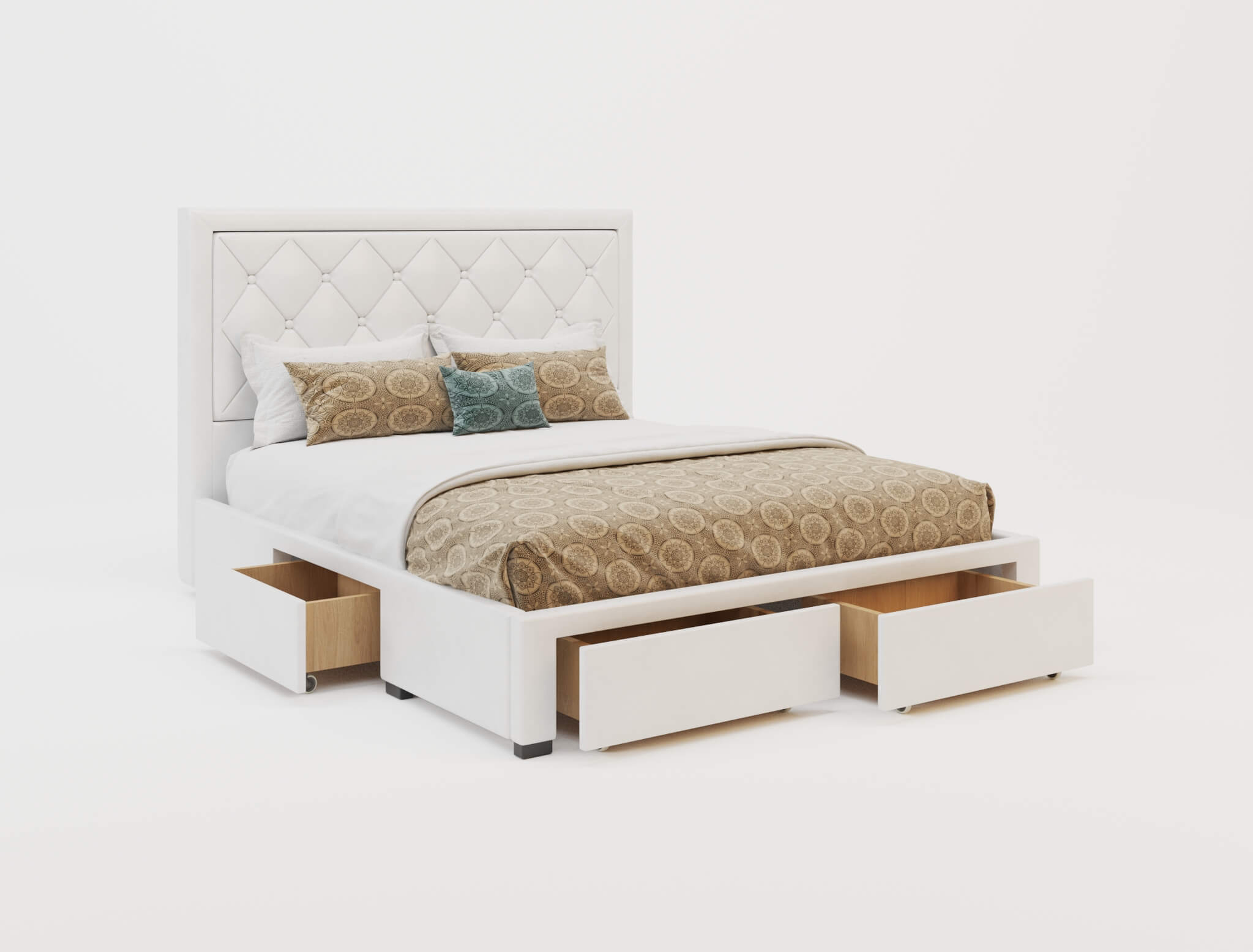 top view of a double bed frame with mattress and pillows in a white background from Isaak 2