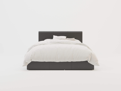 front view of a double bed frame with mattress and pillows in a white background from Isaak