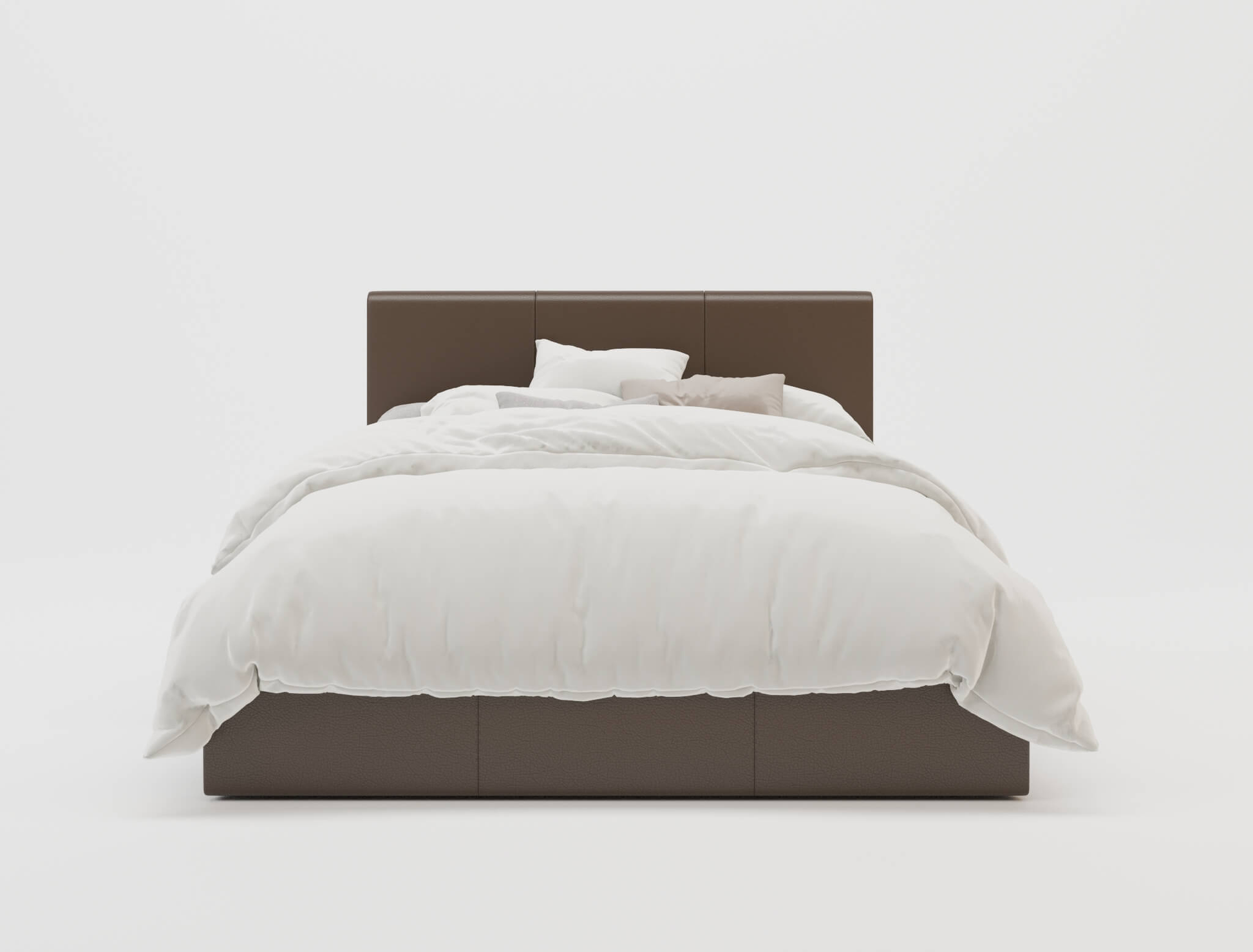 front view of a double bed frame with mattress and pillows in a white background from Isaak