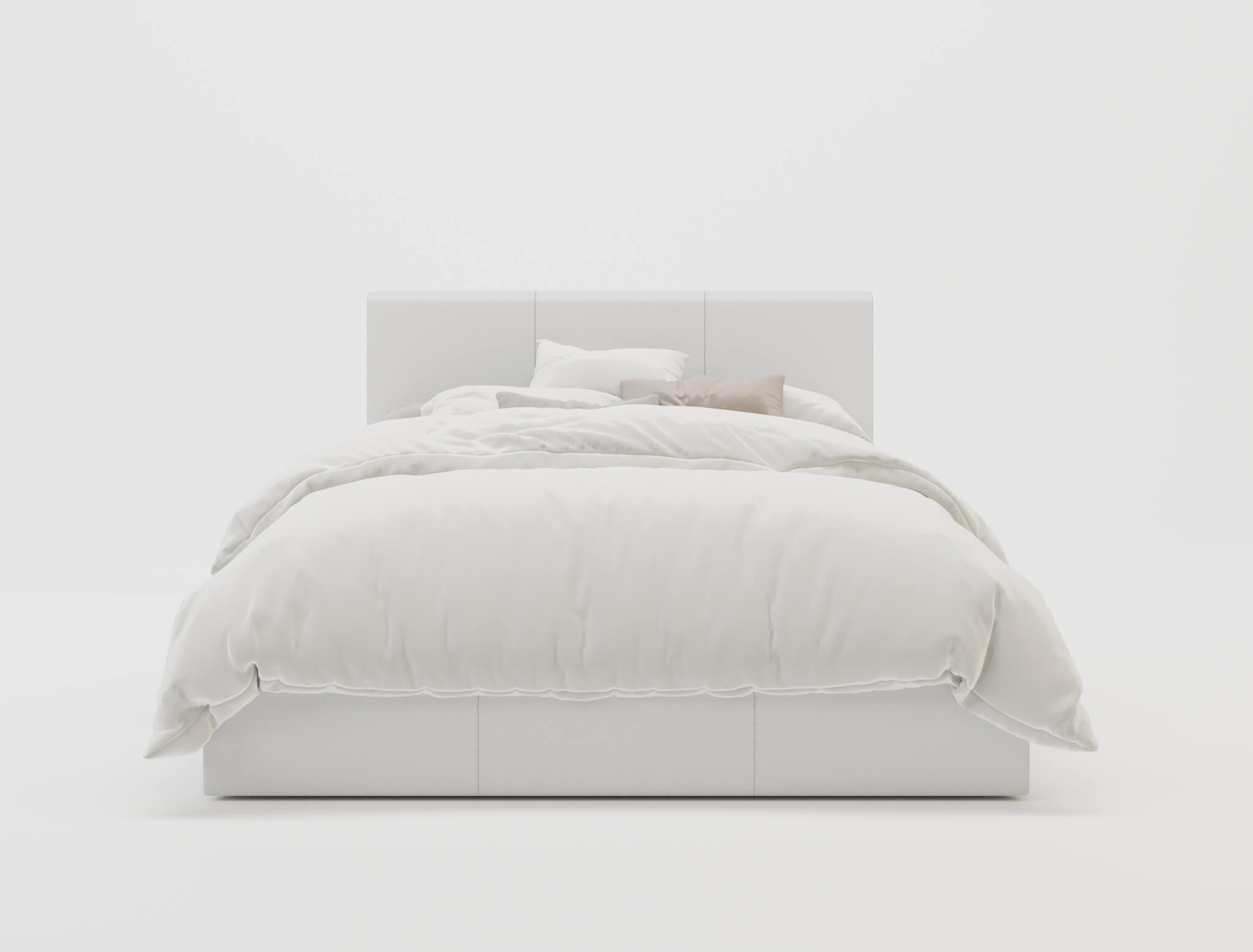 front view of a double bed frame with mattress and pillows in a white background from Isaak