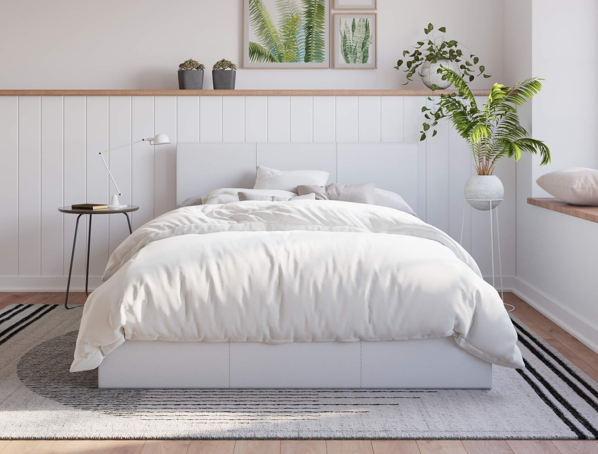 front view of a king single bed frame with mattress and pillows in a bedroom from Isaak