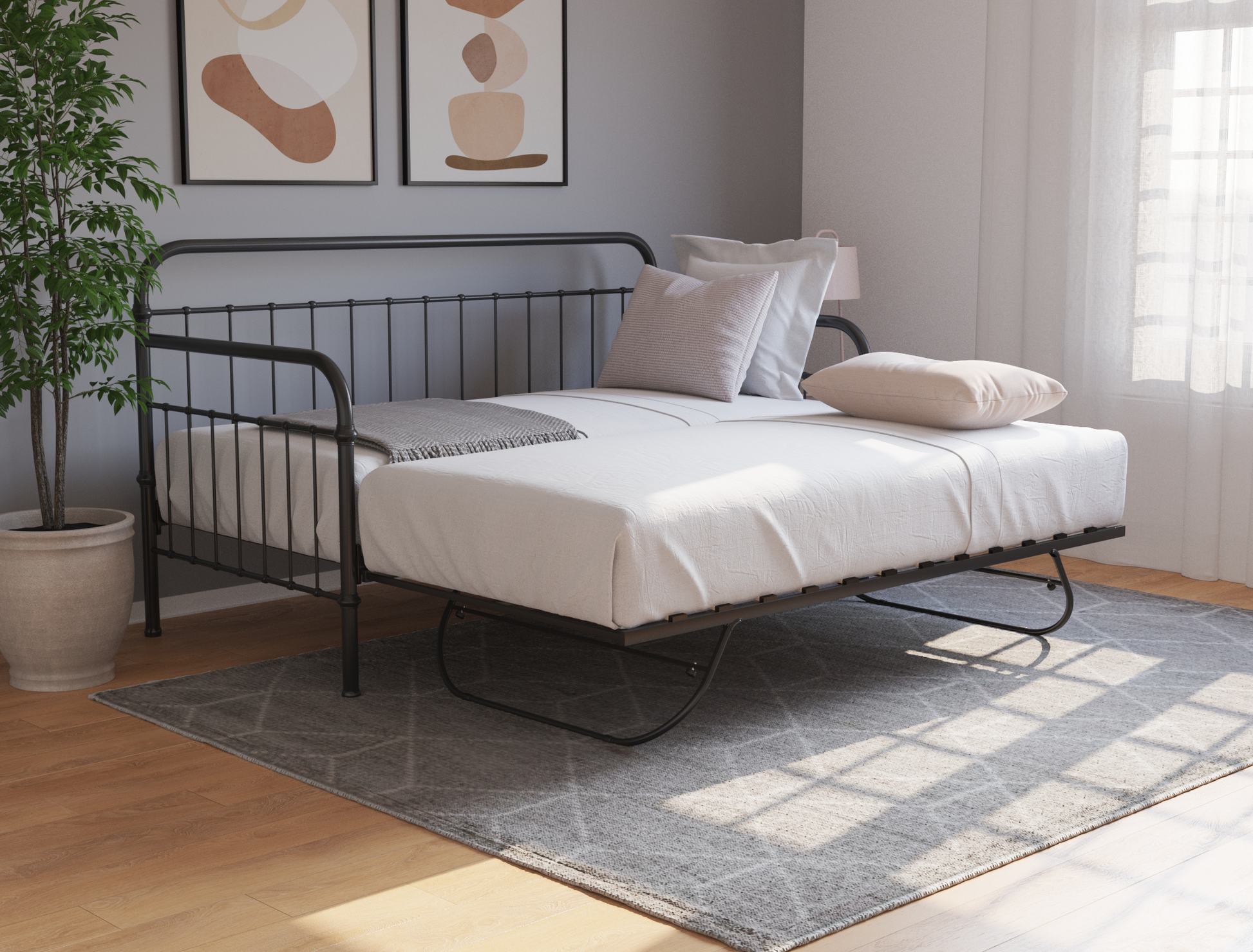 top view of a single bed frame with mattress and pillows in a bedroom from Isaak 2