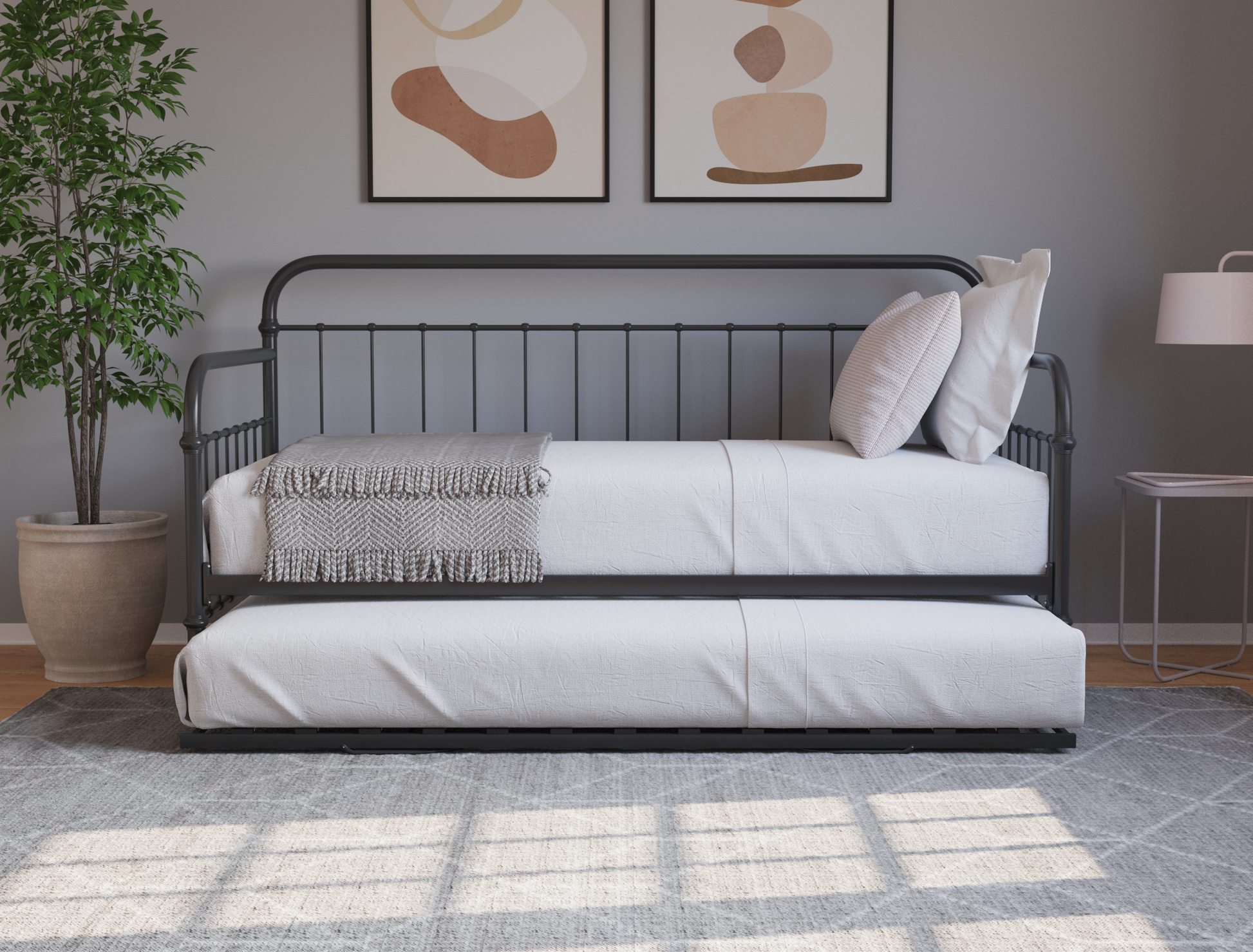 front view of a single bed frame with mattress and pillows in a bedroom from Isaak