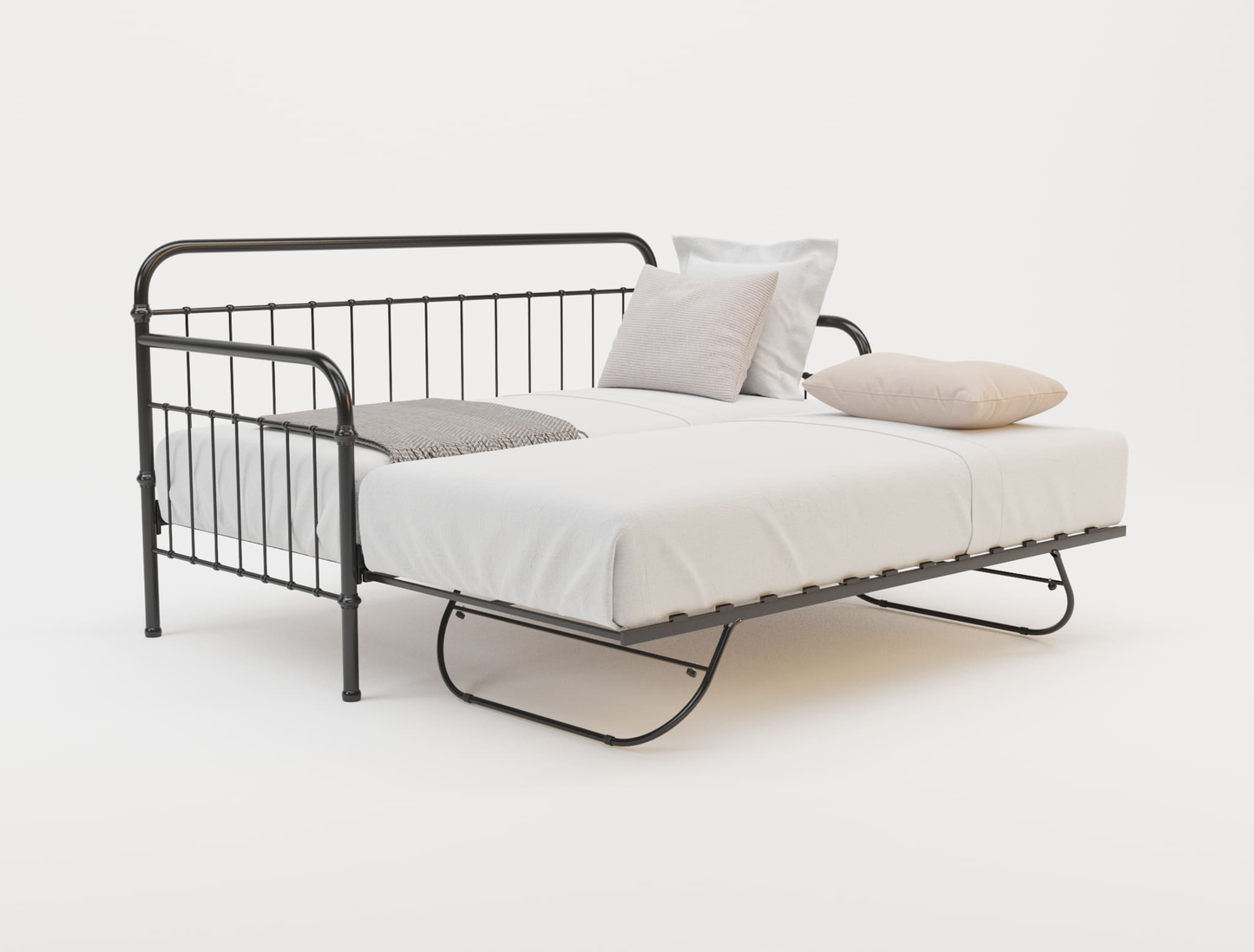 top view of a single bed frame with mattress and pillows in a white background from Isaak