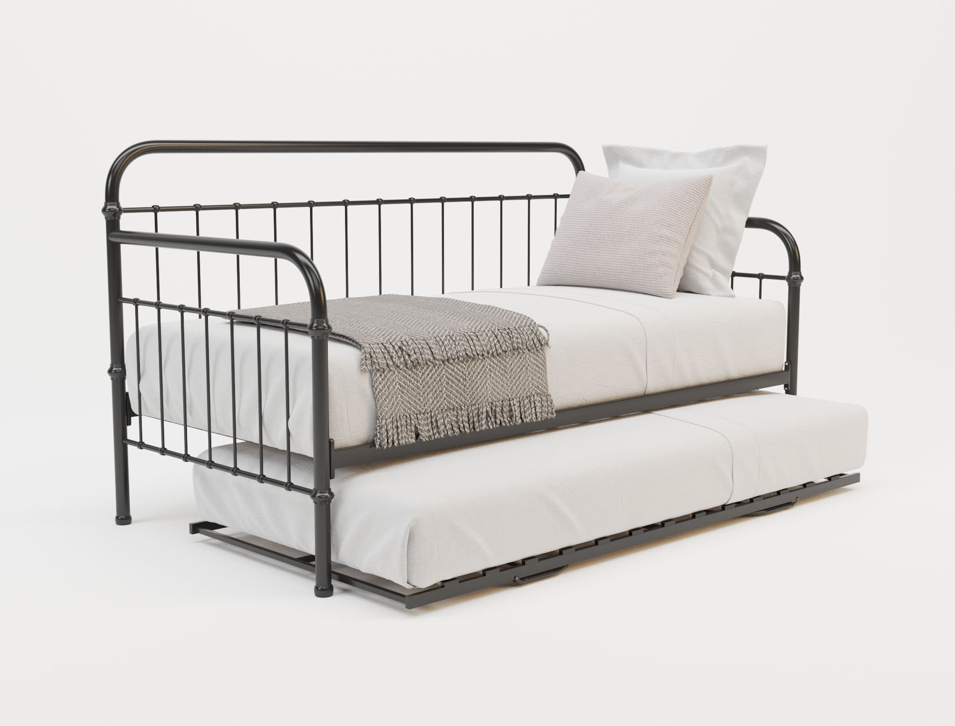 top view of a single bed frame with mattress and pillows in a white background from Isaak 2