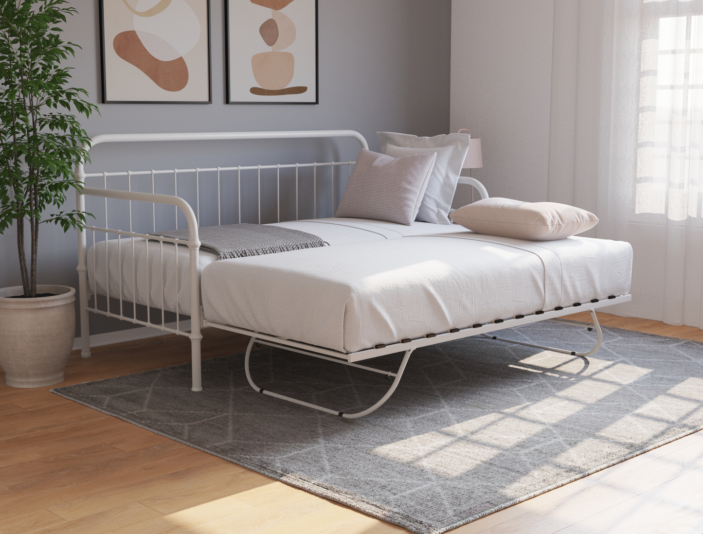 top view of a single bed frame with mattress and pillows in a bedroom from Isaak