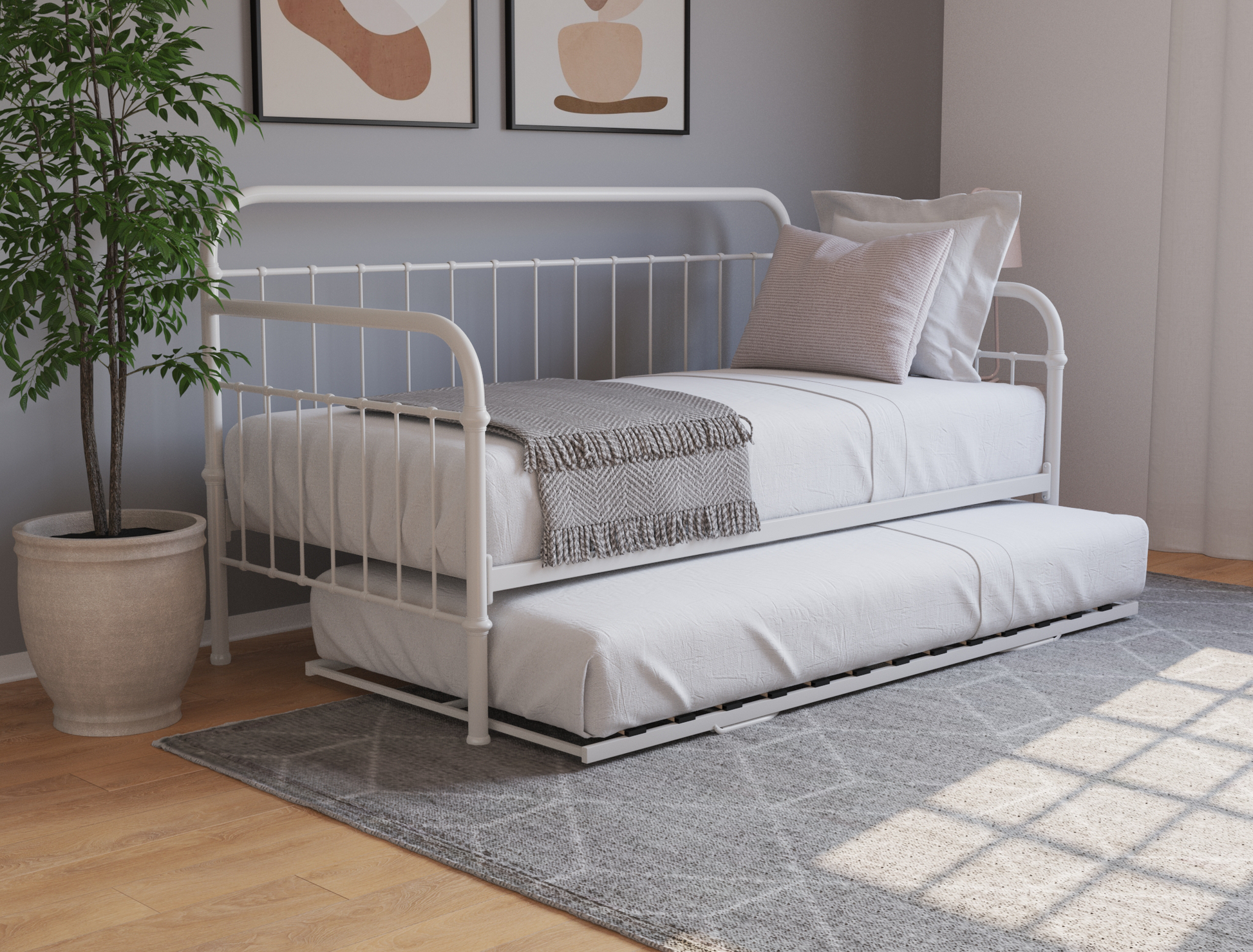 top view of a single bed frame with mattress and pillows in a bedroom from Isaak 2