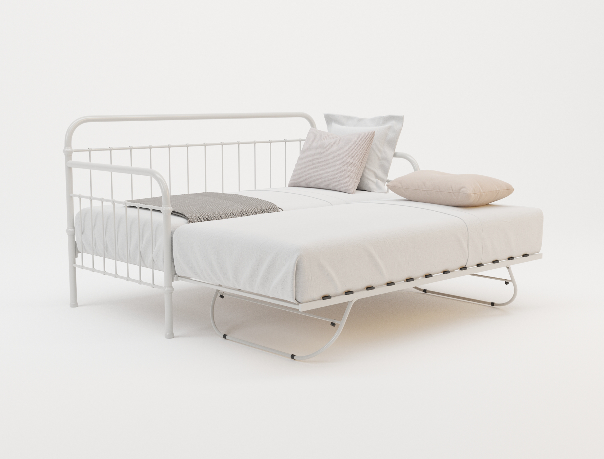 top view of a single bed frame with mattress and pillows in a white background from Isaak