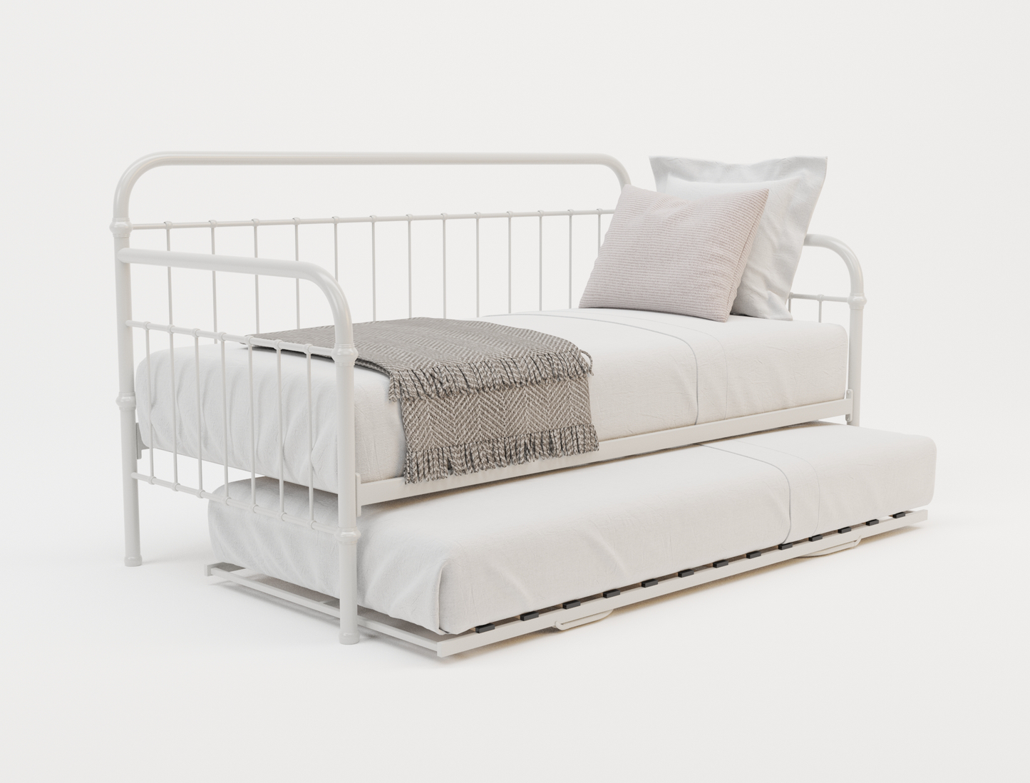 top view of a single bed frame with mattress and pillows in a white background from Isaak 2