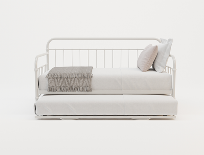 front view of a single bed frame with mattress and pillows in a white background from Isaak