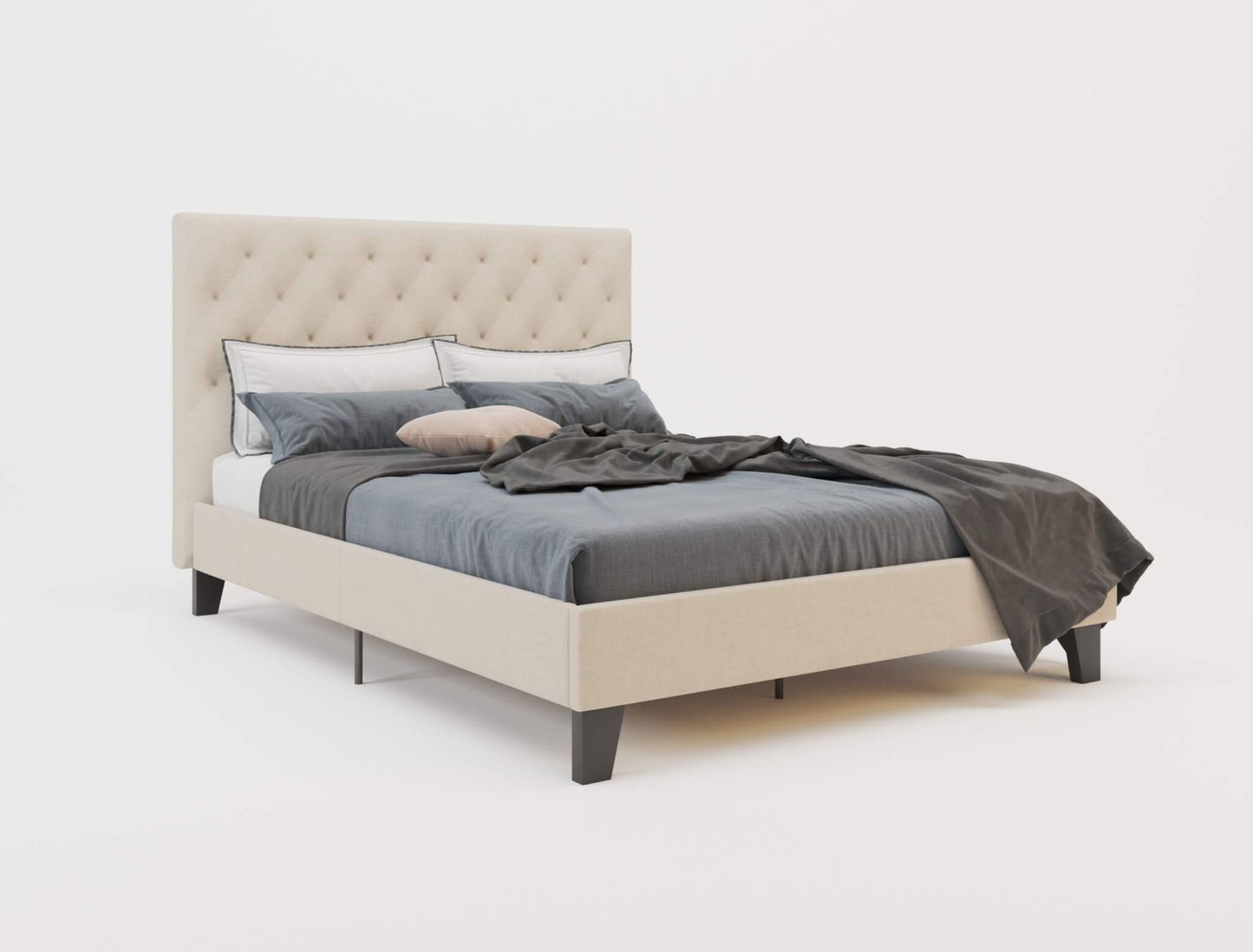 top view of a double bed frame with mattress and pillows in a white background from Isaak