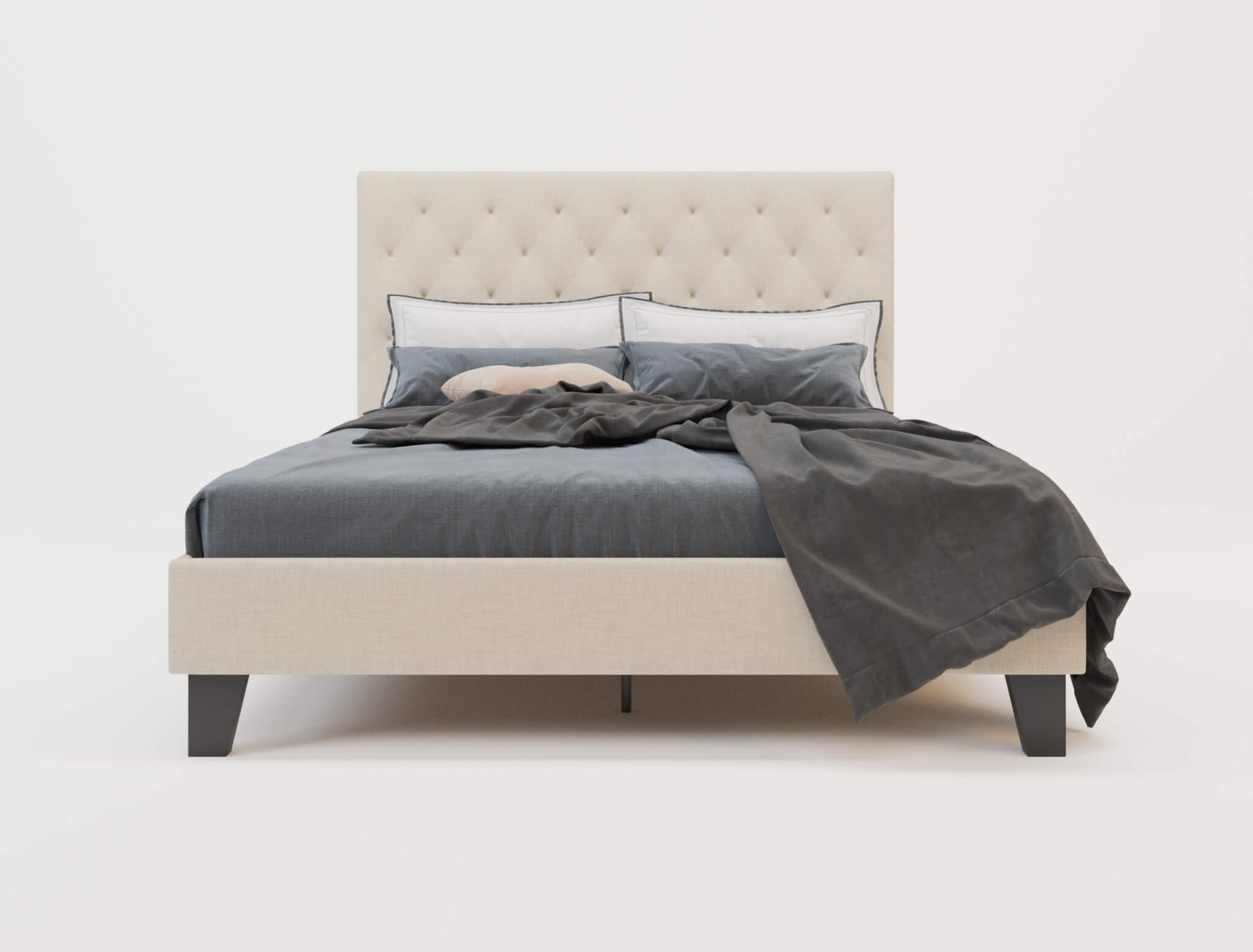 front view of a double bed frame with mattress and pillows in a white background from Isaak