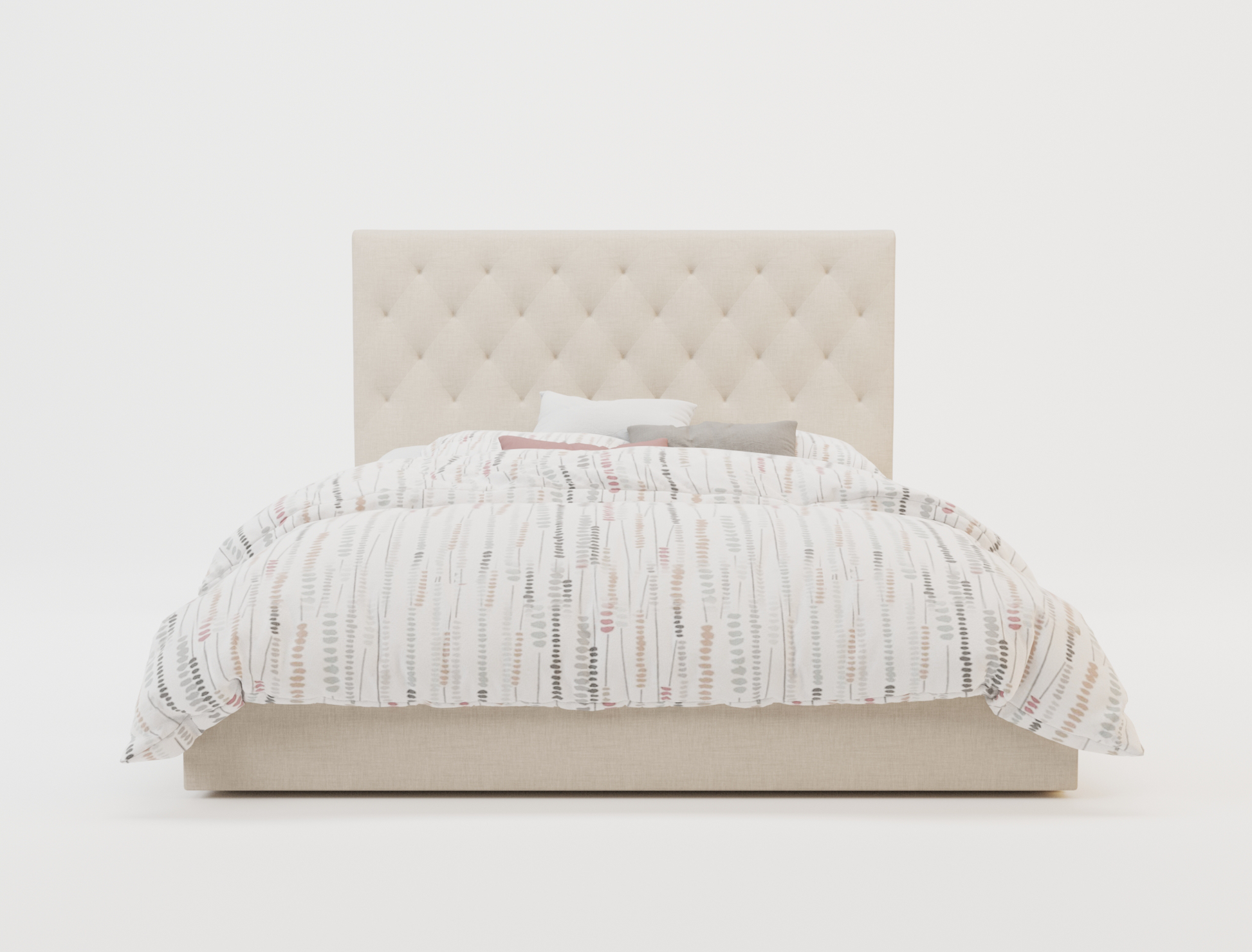 front view of a double bed frame with pillows and mattress in a white background from Isaak