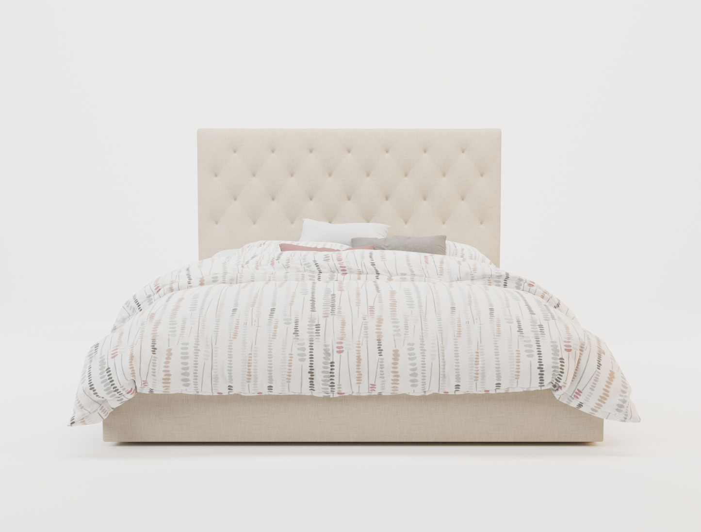 front view of a king bed frame with pillows and mattress in a white background from Isaak