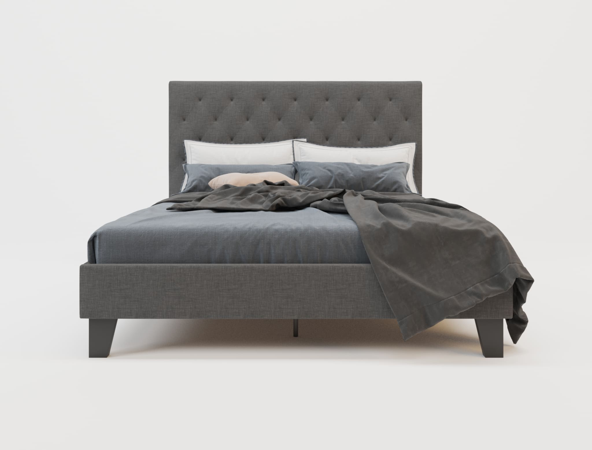 front view of a king bed frame with mattress and pillows in a white background from Isaak