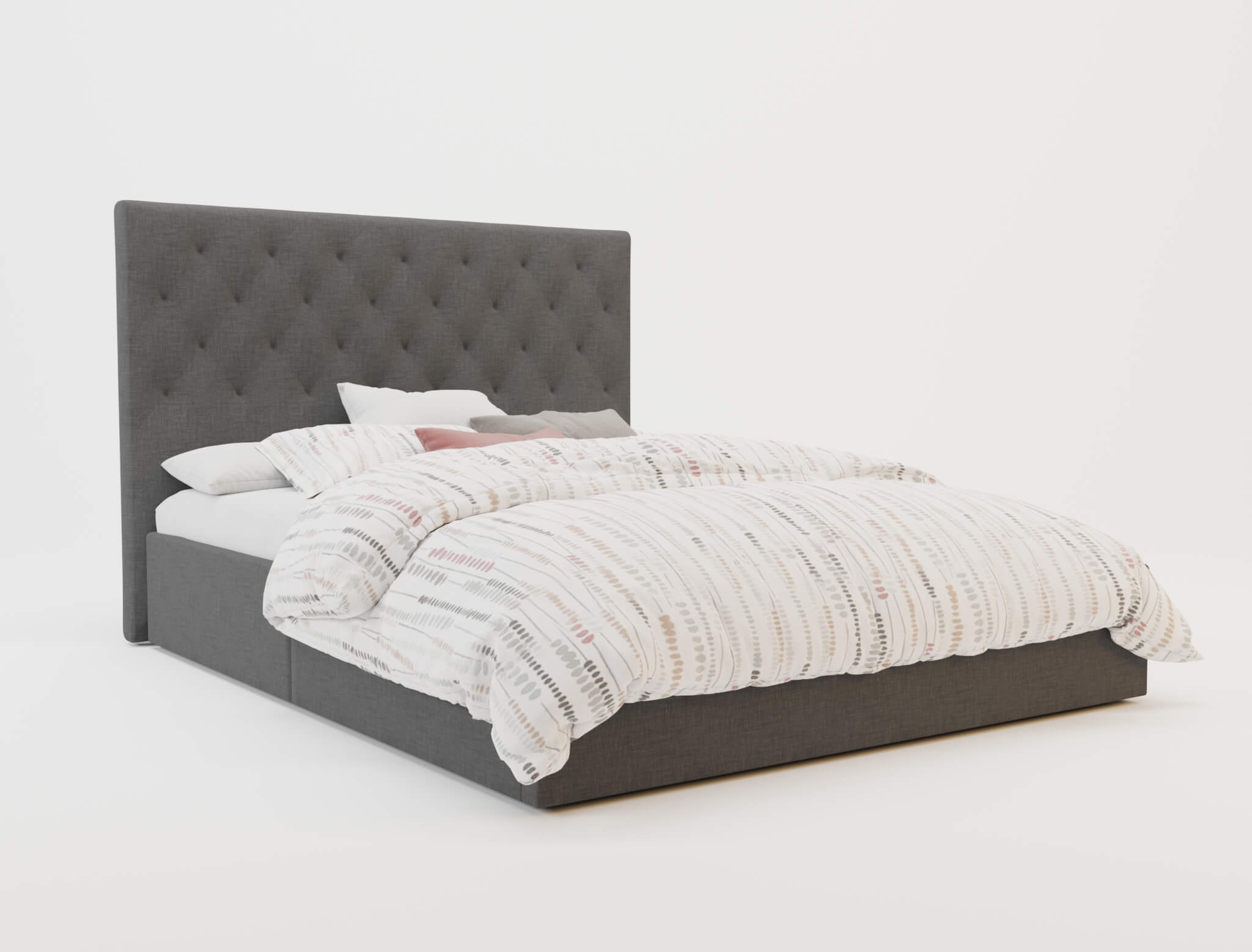 top view of a double bed frame with mattress and pillows in a white background from Isaak