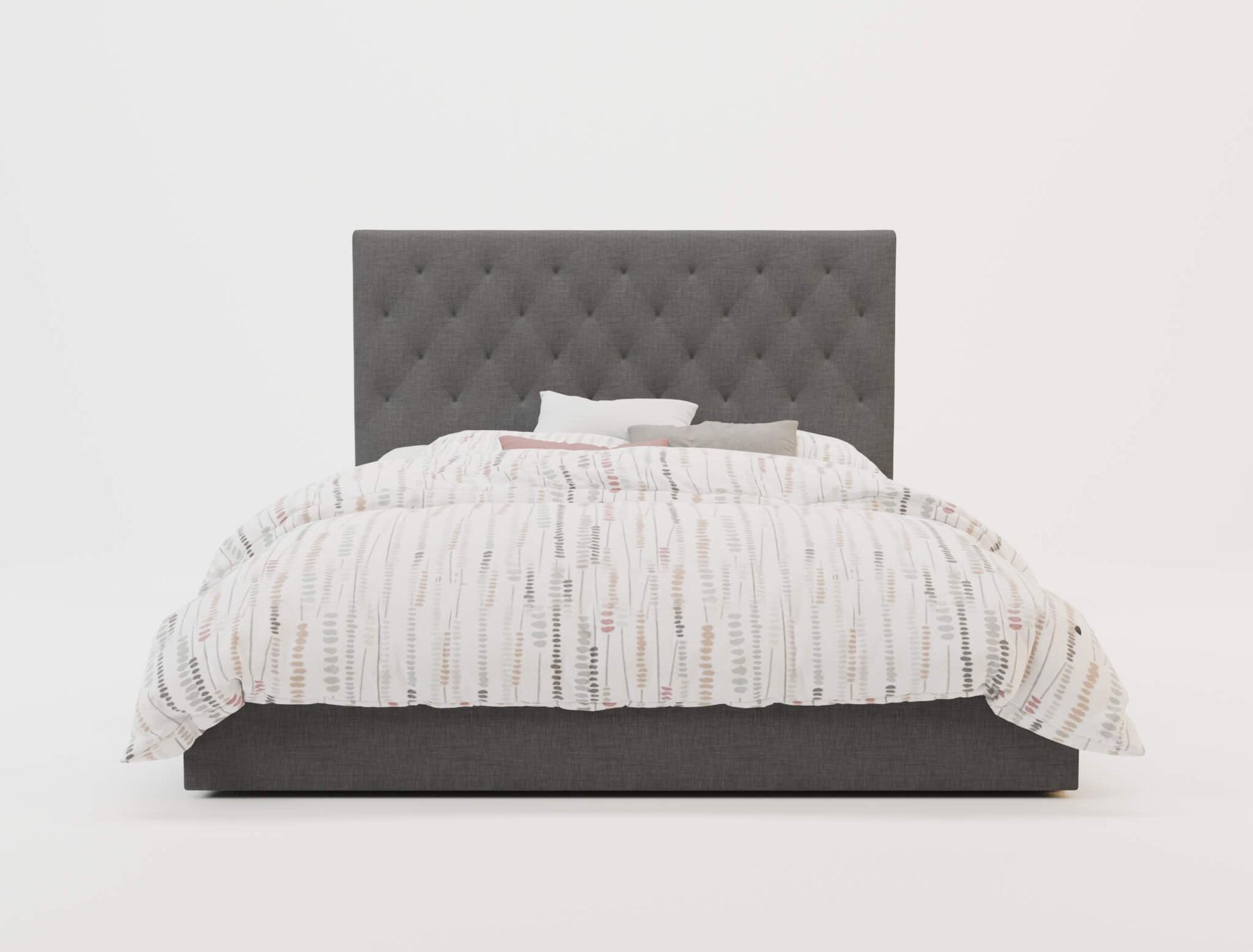 front view of a double bed frame with mattress and pillows in a white background from Isaak