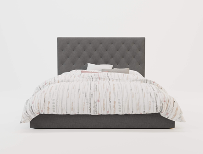 front view of a double bed frame with mattress and pillows in a white background from Isaak