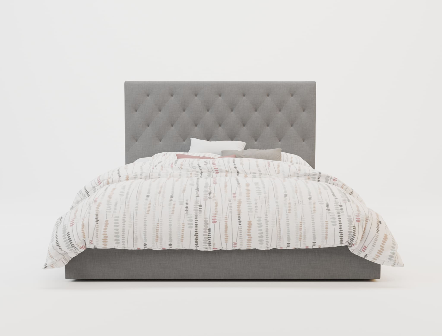 front view of a double bed frame with mattress and pillows in a white background from Isaak