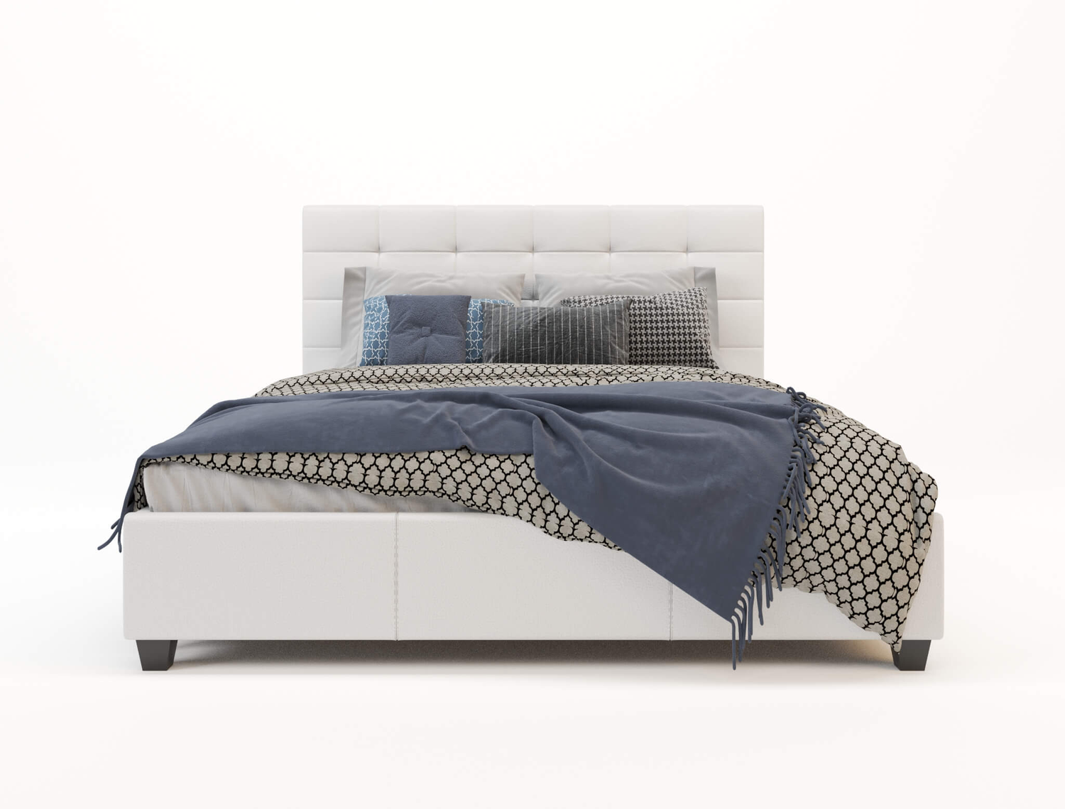 front view of a double bed frame with mattress and pillows in a white background from Isaak