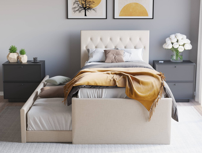 front view of a king single bed frame with mattress and pillows in a bedroom from Isaak